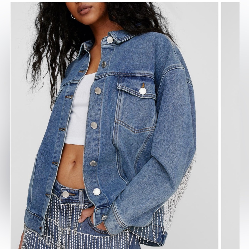NWT Nasty Gal Diamante Fringe Rhinestone Fringe Oversized Jean Jacket - Size 8
